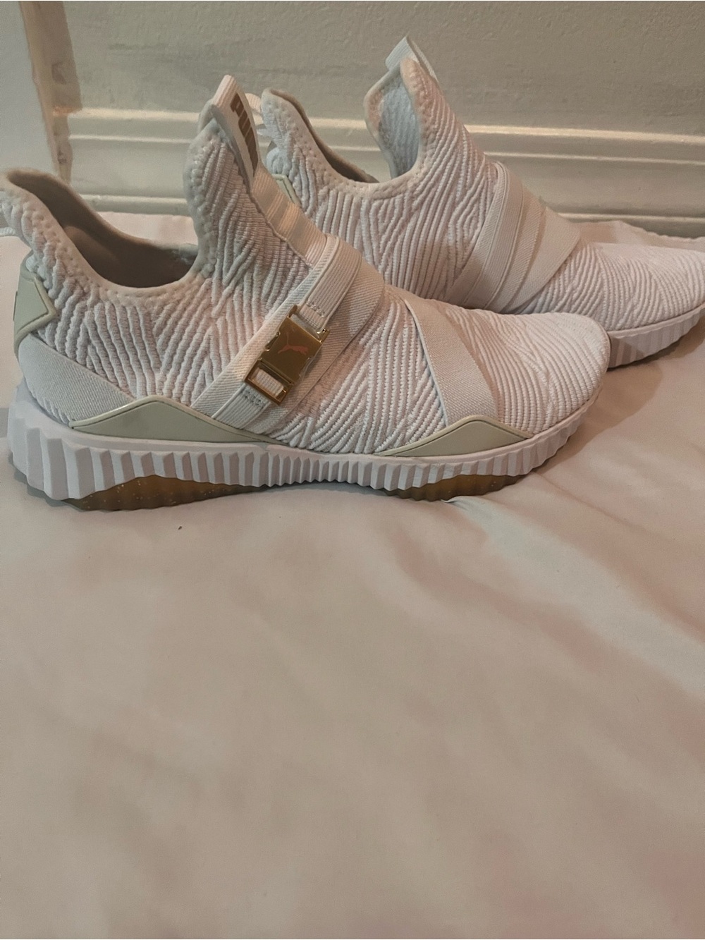 Puma Women's White Knit Slip-On Sneakers with Gold Buckle